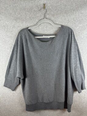 89th + Madison Charcoal Gray Women's Plus 1X Scoop Neck Rhinestone Knit Sweater